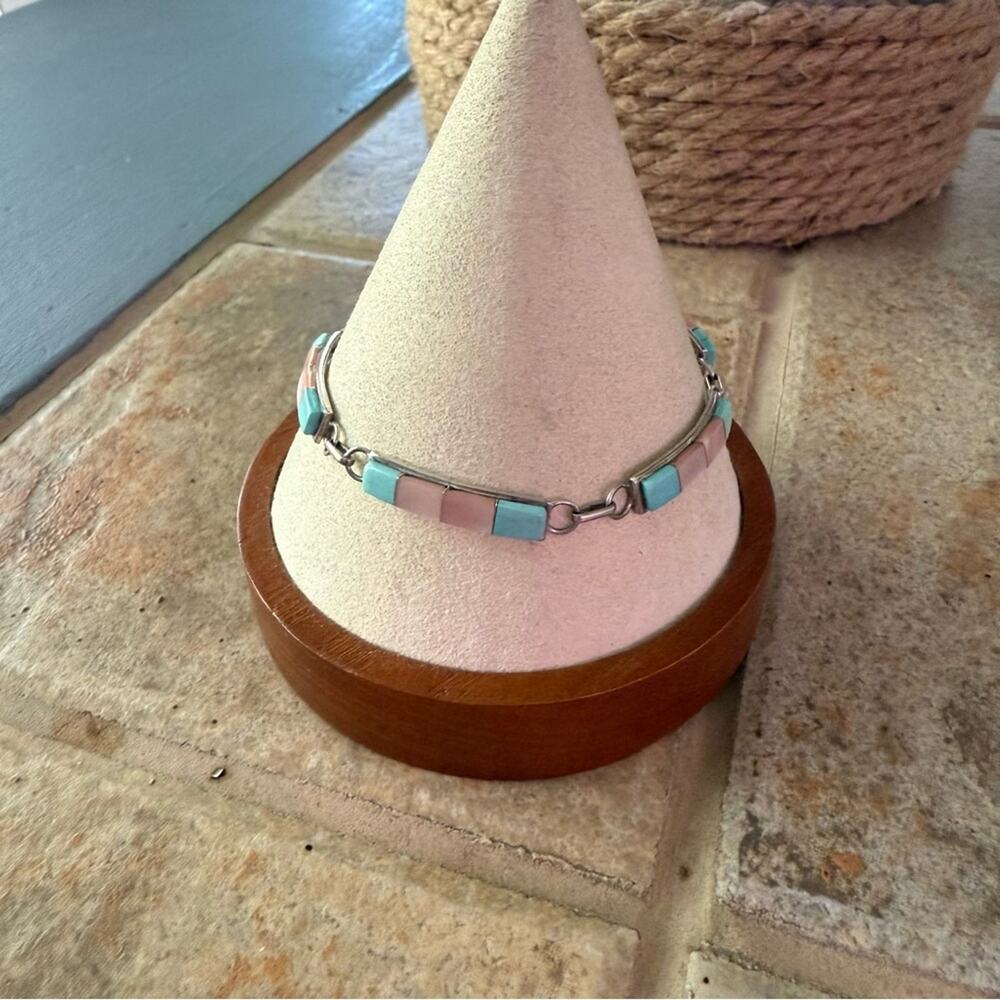 925 Sterling Silver Mother of Pearl & Turquoise Linked Bar Bracelet - Picture 6 of 11